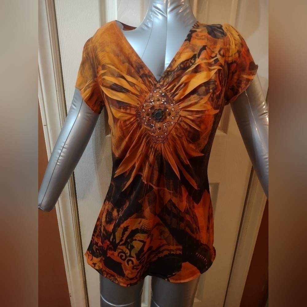 Bleu woman short sleeve blouse shirt top sunflower size medium